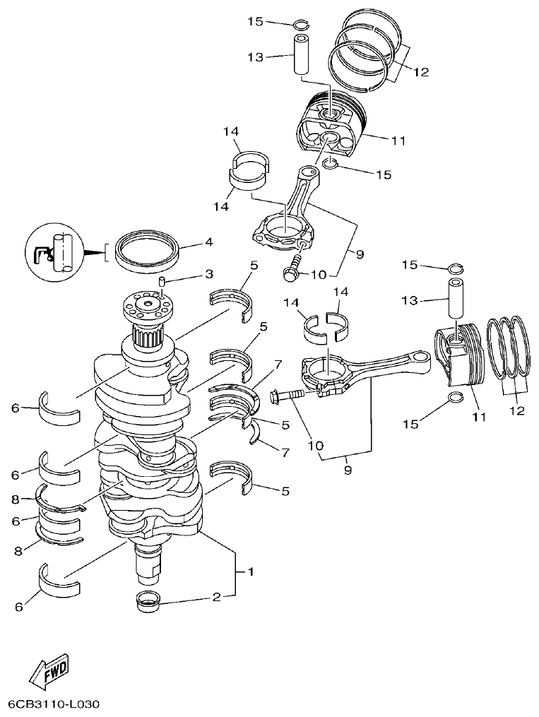 Yamaha F300BET, FL300BET, F300BET2, FL300BET2 CRANKSHAFT & PISTON parts diagram